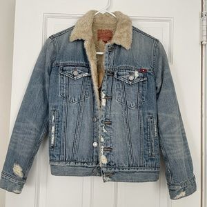 Lucky Brand Jean Jacket—distressed denim with faux shearling liner